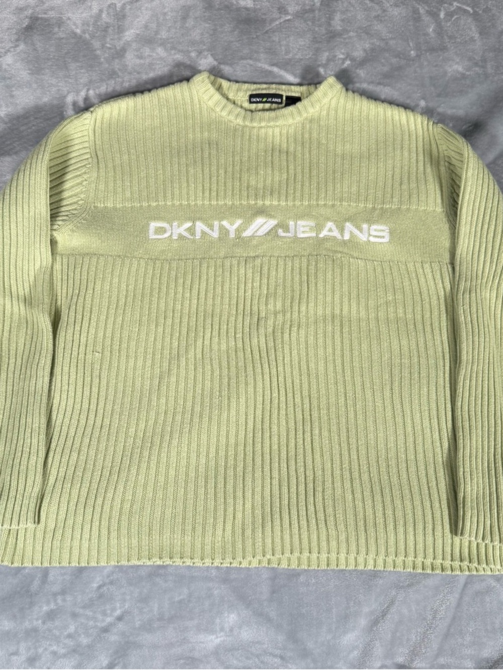 Vintage DKNY Jeans Ribbed Sweater Mens XL Embroidered Light Green